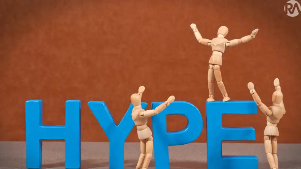 Wooden mannequins interact with blue "HYPE" letters, symbolizing data-driven marketing success.