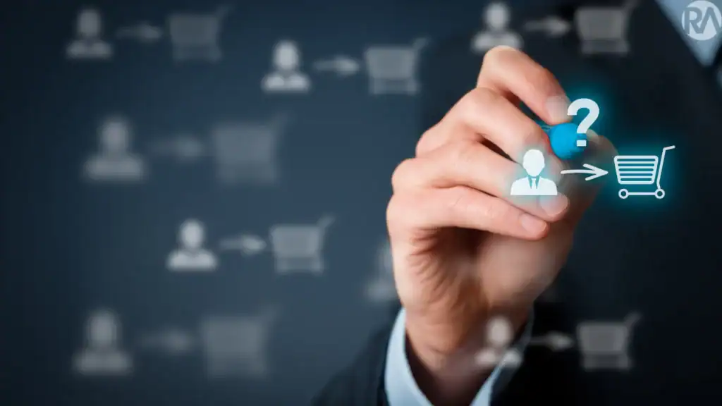 Digital marketing concept showing customer journey and shopping cart icon.