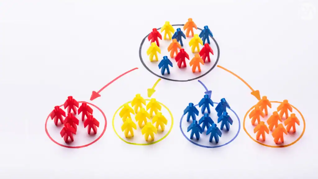 Team collaboration and network diagram with colorful figurines representing groups and connections.