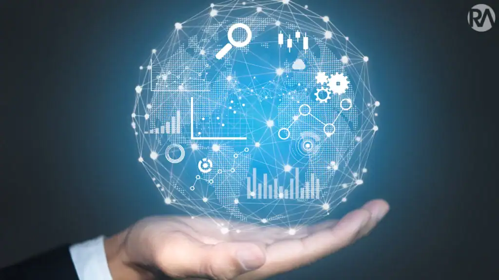 Digital globe with data charts, graphs, and gears representing analytics and data insights.
