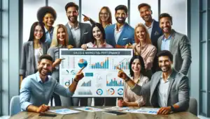 Business team analyzing sales and marketing data on a large screen in a modern office.