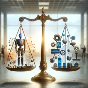 Scales balancing AI robots and technology components in a modern setting.