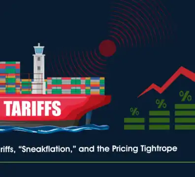 Illustration of tariffs, sneaky pricing, and rising costs with a ship and upward trend arrows.
