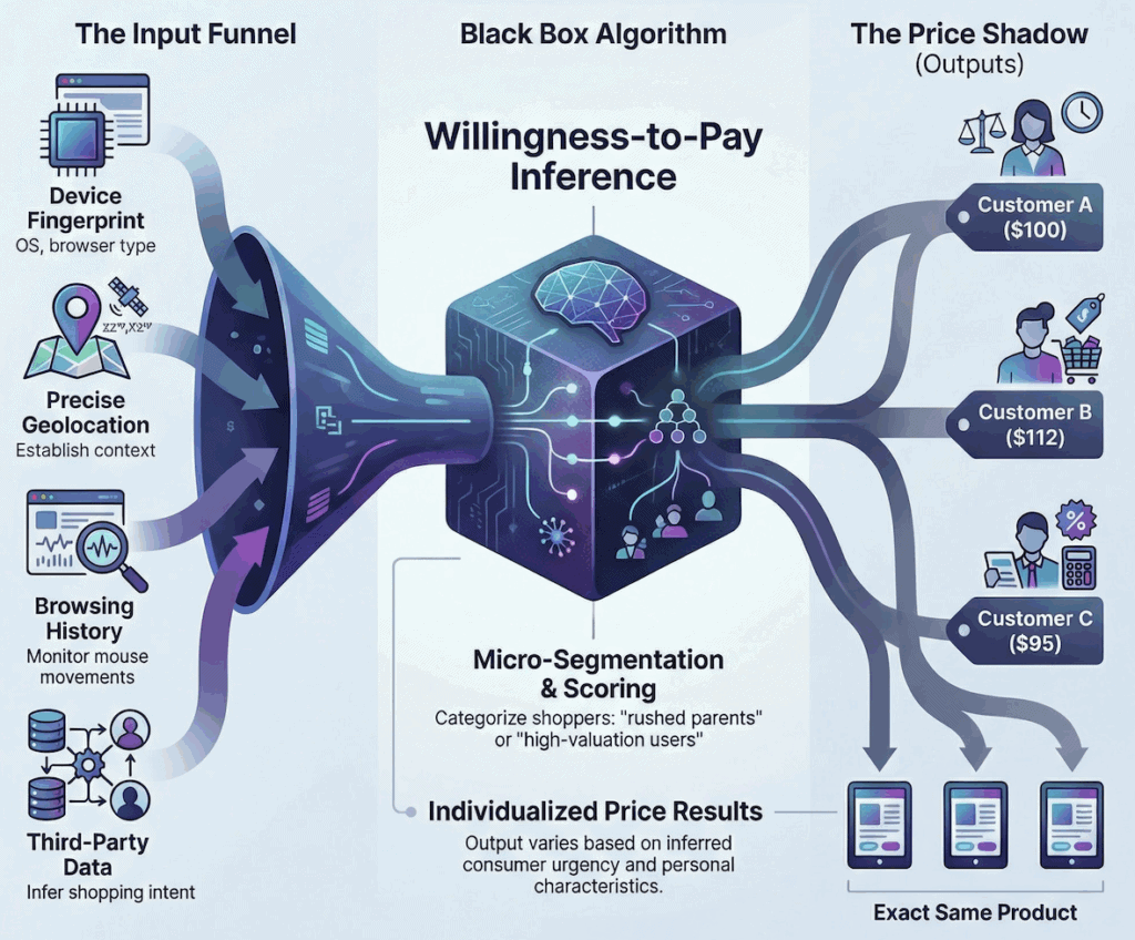 Illustration of pricing surveillance process using black box algorithm and willingness-to-pay infere.