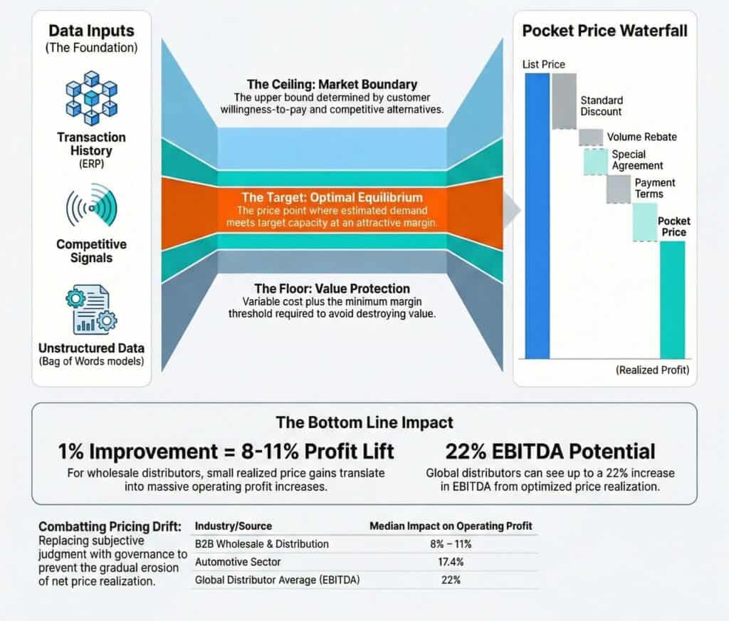 Diagram illustrating equilibrium pricing, market boundary, and profit waterfall in B2B markets.