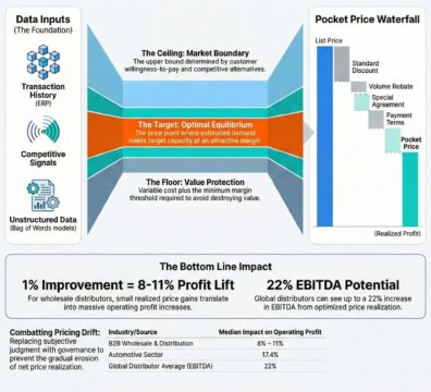 Diagram illustrating equilibrium pricing, market boundary, and profit waterfall in B2B markets.